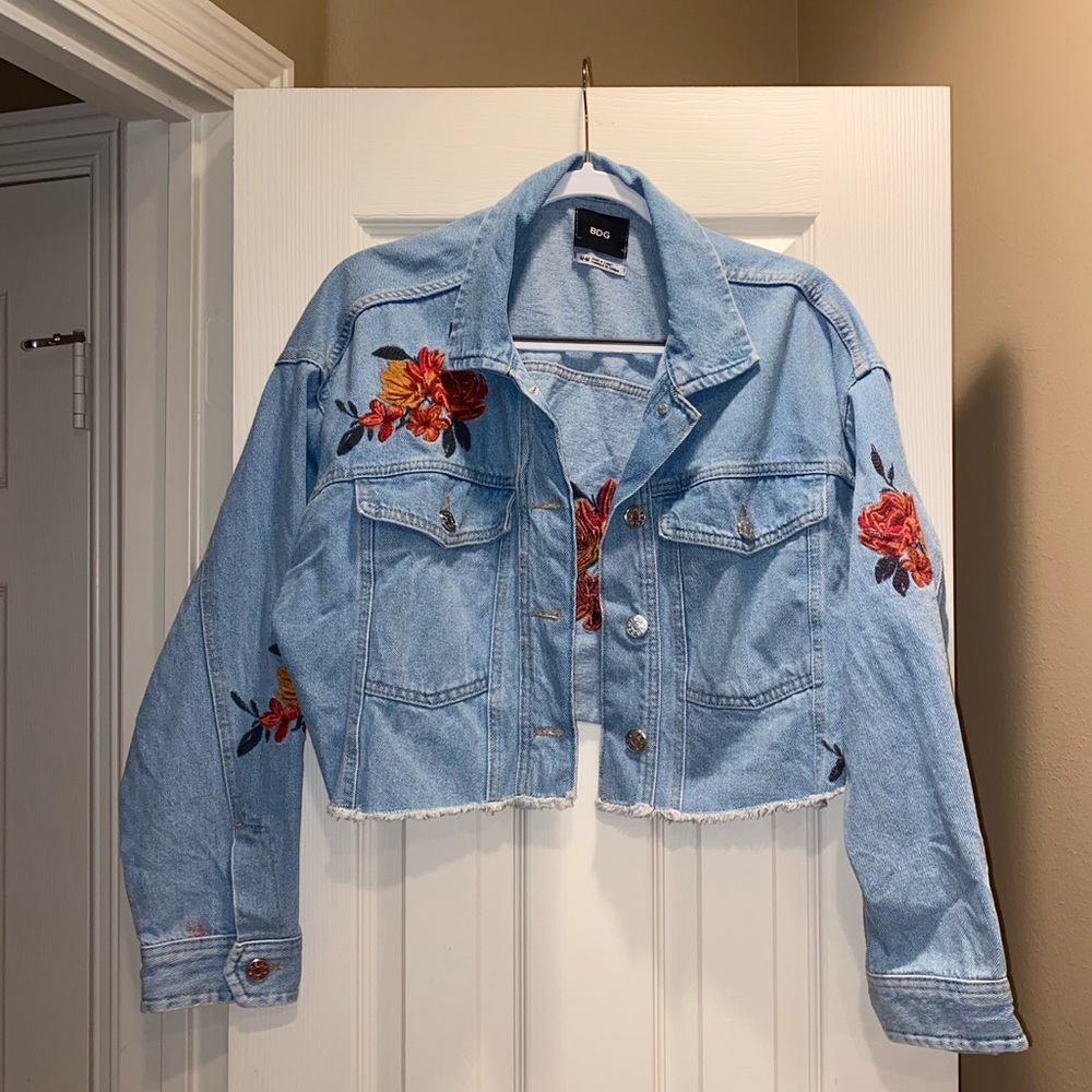 BDG cropped denim jacket with flower detail